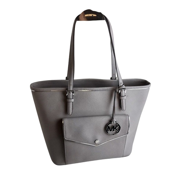 Michael Kors Gray Jet Set Saffaino Leather Tote Purse Shoulder Bag Handbag 45-13 - Picture 1 of 13